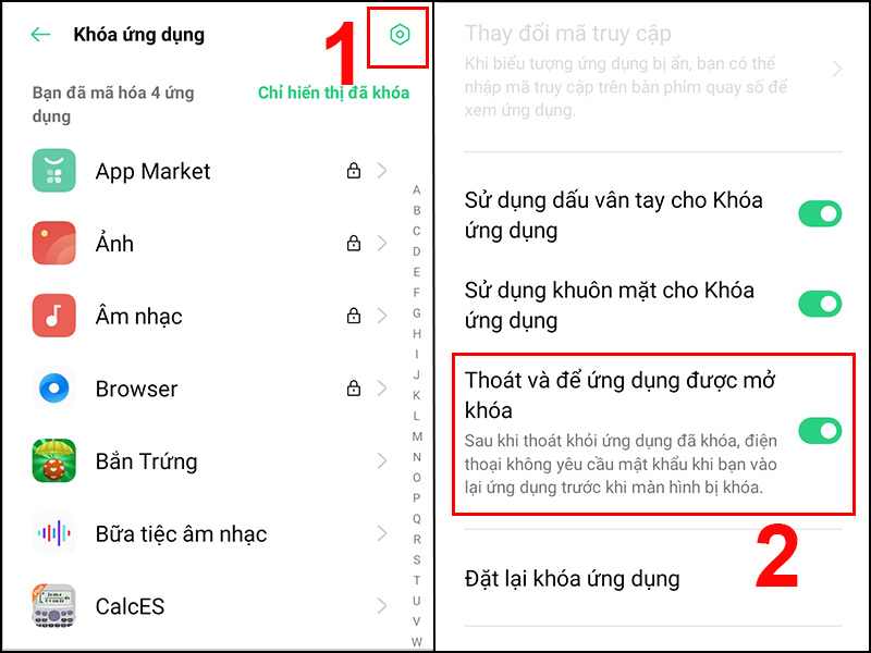 Bật t&iacute;nh năng Tho&aacute;t v&agrave; để ứng dụng được mở kh&oacute;a